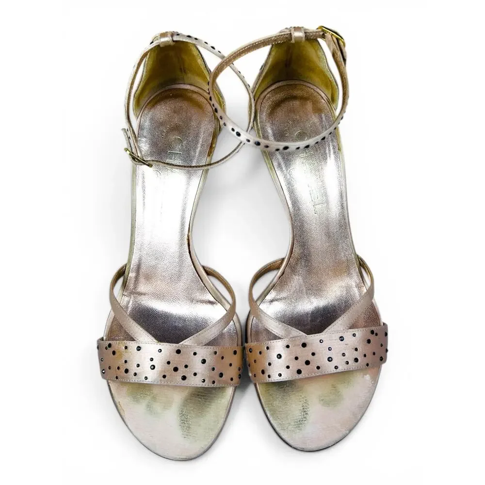 Chanel Crystal Camellia Satin Strass Ankle Strap Heels Champagne Gold EU 36.5